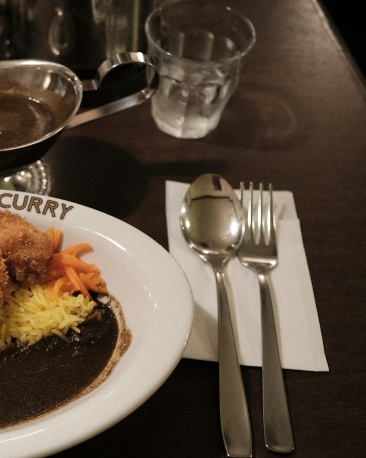 Krokante, gepaneerde kipreepjes op een bord met dikke Japanse currysaus, gegarneerd met lente-ui.